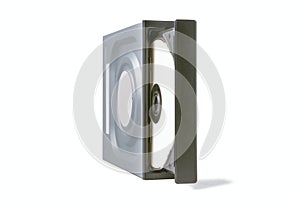 Opened drive CD - DVD - Blu Ray with a black cap and disk, white background