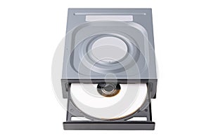 Opened drive CD - DVD - Blu Ray with a black cap and disk, white background