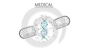 Opened drug capsule medicine business concept. DNA gene therapy blue medicament prebiotic probiotic ball health care