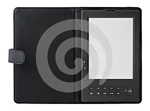 Opened electronic book ebook with leather cover