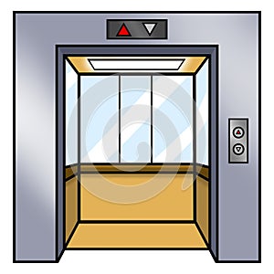 Opened Elevator Door With Interior Inside. Office Building. Empty Lift With Button.