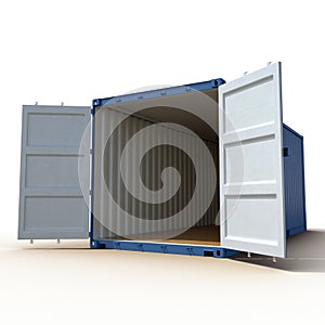 Opened empty blue freight shipping container isolated on white. 3D illustration