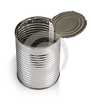 Opened empty iron chrome tin can on a white background. Aluminum trash on insulation