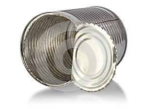 Opened empty iron chrome tin can on a white background. Aluminum trash on insulation