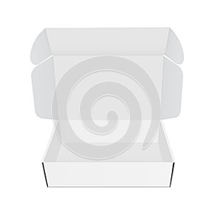 Opened empty paper box mockup isolated on white background
