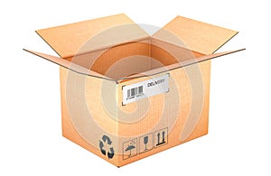 Opened Empty Parcel, cardboard box. 3D rendering