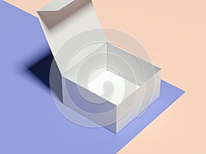 Opened empty white cardboard box on multicolour background, 3d rendering.