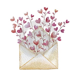 Opened envelope with branches of heart flowers. Love letter for Valentines day