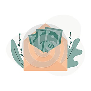 Opened envelope with money. Dollar bills. Salary, earning and savings concept. Vector Illustration