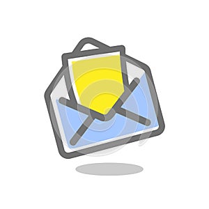 Opened envelope with note paper. Mail icon. Vector illustration.. Bright, colored sign on a white background