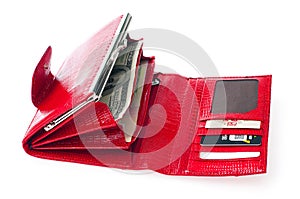 Opened Fashionable women`s wallet on a white background. Trend a