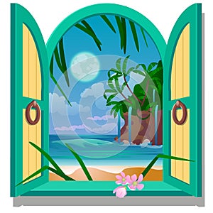 Opened frame window with a view of sandy beach of the sea coast by moonlight. Vector close-up cartoon illustration.