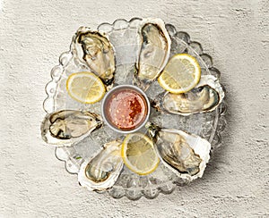 Opened fresh oysters on a plate served with chili sauce and lemon. Isolated on a white background.
