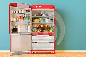 Opened fridge with fresh fruits and vegetables and healthy food in interior, 3D rendering