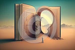 Opened giant book like a portal, tiny man standing in front of it. AI Generated