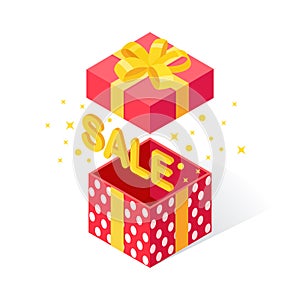 Opened gift box with bow, ribbon isolated on white background. 3d isometric red package, surprise. Sale, shopping. Holiday,