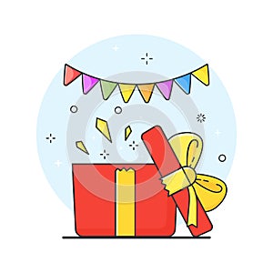 Opened gift box, surprise concept on a white background. Vector illustration