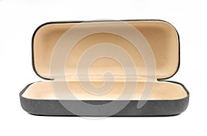 Opened gray and brown glasses case isolated on white background. Empty box