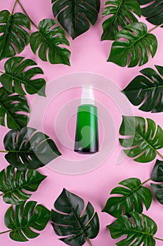 Opened green Bottle with tropical monstera leaf on isolated pink background close up. Brand packaging mockup. Aromatic oil,