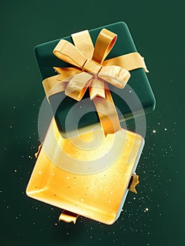 Opened green empty Christmas gift box with golden bottom on green background.