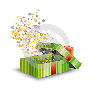 Opened green gift box with red bow and confetti isolated on white background. Collection for Birthday, Christmas. Vector