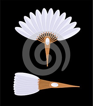 Opened hand fan white and wooden in vector. Open and closed paper and wood fan. Vintage woman paper fans isolated