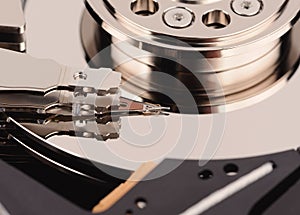 opened hard disk drive close up