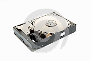 Opened Hard disk drive HDD isolated on white background