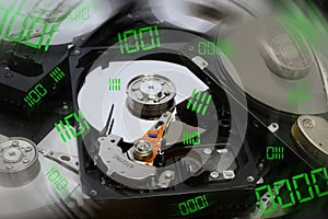 Opened harddisk drives with green binary code effects