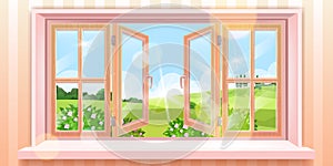 Opened house window vector spring landscape, outside summer view, blossom bushes, blue sky, sun, meadow.