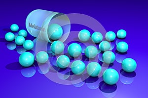 Opened light blue melatonin capsule with granules. Melatonin is a hormone that produces by pineal gland and regulates
