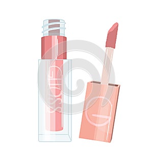 Opened lip gloss tube, decorative liquid lipstick for woman, product packaging cartoon template