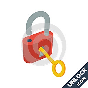 Opened lock and key icon. 3D vector illustration in flat style isolated on white background