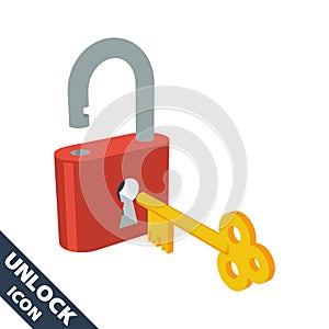 Opened lock and key icon. 3D vector illustration in flat style isolated on white background