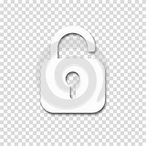 Opened lock. Unlock icon for website. Paper cut style padlock icon with shadow on transparent background. Security concept. Vector