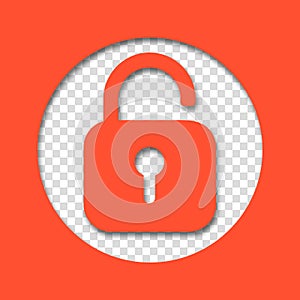 Opened lock. Unlock icon for website. Paper cut style padlock icon with shadow on transparent background. Security concept. Vector