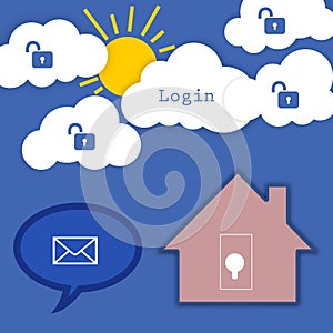 Opened locks and the word Login are drawn on the symbols of the cloud storage. photo