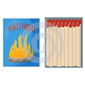 Opened matchbox full of matches. Household flammable tool for lighting fire in cardboard box. Flat vector illustration