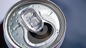 Opened metal aluminum can for soda, beer, energy drinks and mineral water.