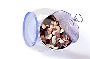 Opened Metal Can Containing Mixed Nuts