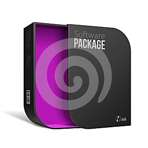 Opened Modern Black Software Package Box With Rounded Corners Violet Inside.