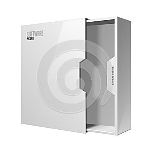 Opened Modern Software Package Box White With DVD Or CD Disk. Isolated Mock Up Template