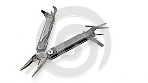 Opened modern steel multitool with pliers, file, blade, screwdriver, scissors, bottle opener and saw, on a white