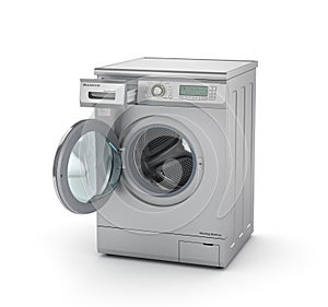 Opened modern washing machine in metallic color.