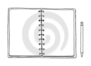 Opened notebook hand drawn. Blank notepad on white background. Applicable for sketches line art illustration