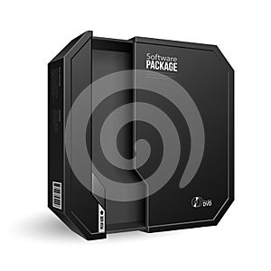 Opened Octagon Modern Black Software Package Box. Mock Up, Template. Isolated On White Background. Product Advertising.
