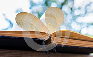 Opened , old , aged , yellow book pages forming a heart outdoors