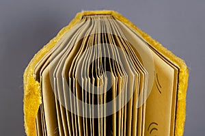 Opened old photo album wrapped in yellow velvet on gray background
