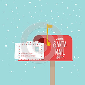 Opened outdoor Christmas mailbox full of letters. Santa Claus mail. Snowing. Raised mailbox flag. Vector illustration, flat design