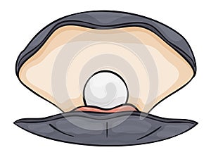 Opened oyster with pearl in cartoon style, Vector illustration